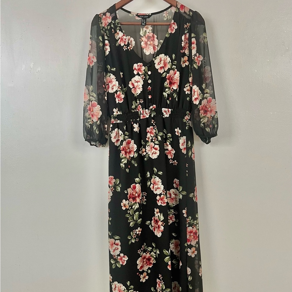 New Look Black Floral Long Sleeve Dress
